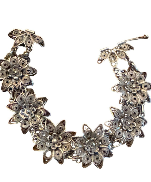 Antique Sterling silver 925 Filagree fancy flowner link art deco bracelet