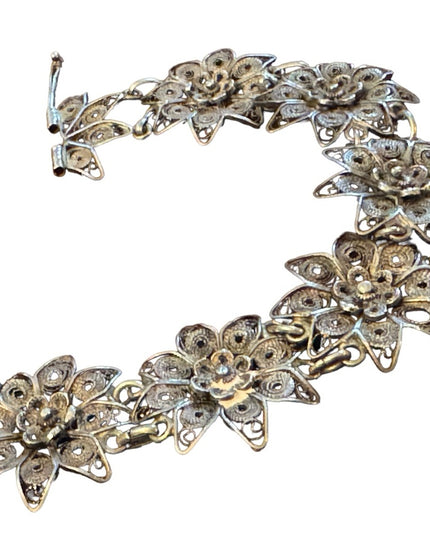 Antique Sterling silver 925 Filagree fancy flowner link art deco bracelet