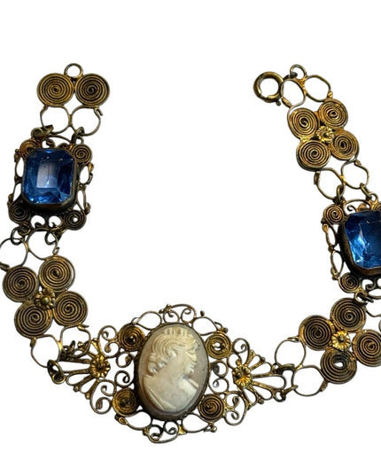 Antique Cantile filagree Blue  paste galss carved Cameo Bracelet art deco