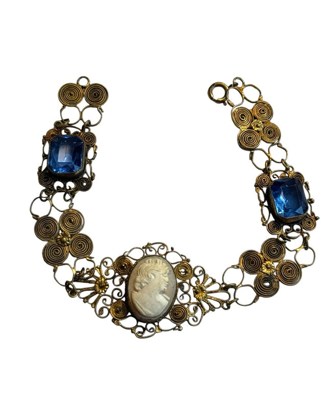 Antique Cantile filagree Blue  paste galss carved Cameo Bracelet art deco