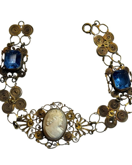 Antique Cantile filagree Blue  paste galss carved Cameo Bracelet art deco