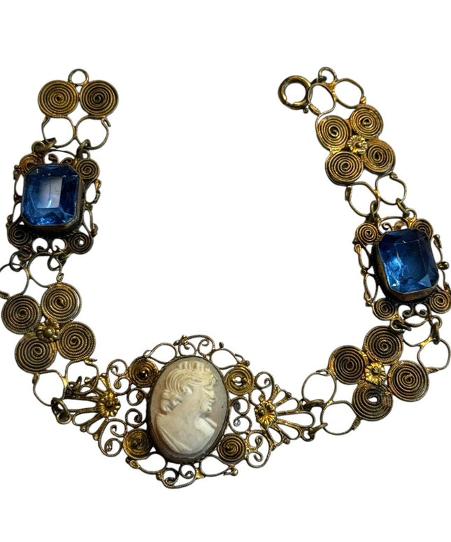 Antique Cantile filagree Blue  paste galss carved Cameo Bracelet art deco