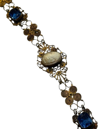 Antique Cantile filagree Blue  paste galss carved Cameo Bracelet art deco