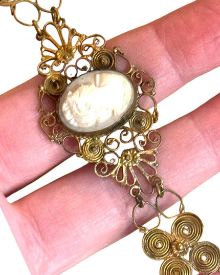 Antique Cantile filagree Blue  paste galss carved Cameo Bracelet art deco