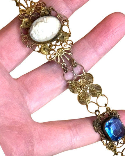 Antique Cantile filagree Blue  paste galss carved Cameo Bracelet art deco