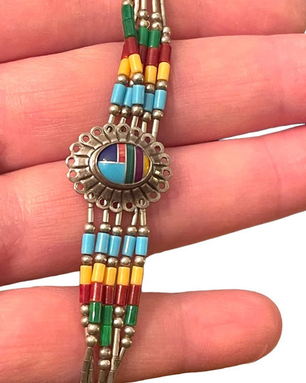 Vintage Native Southwestern ZUNI Seed bead Sterling silver stone Inlay bracelet