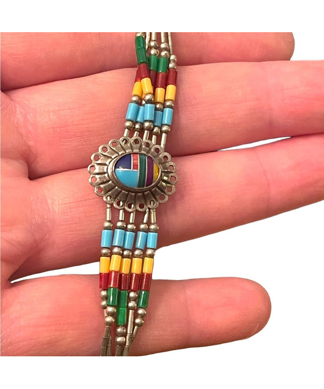 Vintage Native Southwestern ZUNI Seed bead Sterling silver stone Inlay bracelet