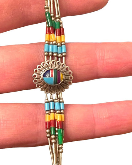 Vintage Native Southwestern ZUNI Seed bead Sterling silver stone Inlay bracelet
