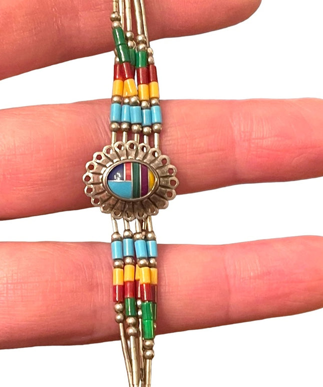 Vintage Native Southwestern ZUNI Seed bead Sterling silver stone Inlay bracelet