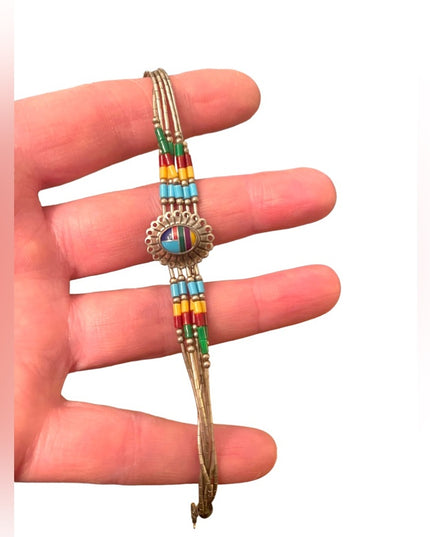 Vintage Native Southwestern ZUNI Seed bead Sterling silver stone Inlay bracelet
