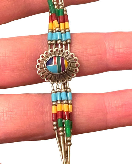 Vintage Native Southwestern ZUNI Seed bead Sterling silver stone Inlay bracelet