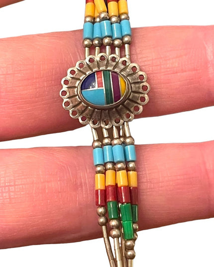 Vintage Native Southwestern ZUNI Seed bead Sterling silver stone Inlay bracelet