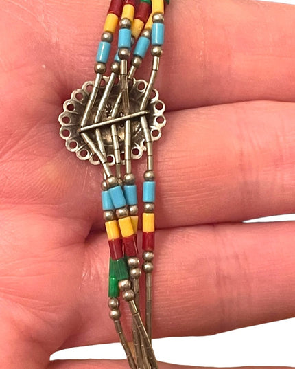 Vintage Native Southwestern ZUNI Seed bead Sterling silver stone Inlay bracelet