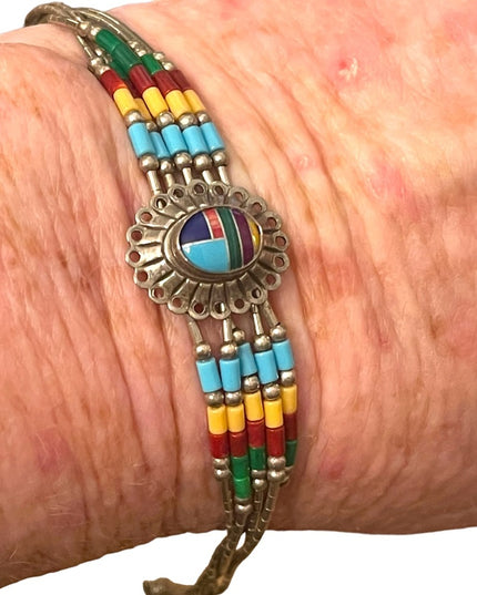 Vintage Native Southwestern ZUNI Seed bead Sterling silver stone Inlay bracelet
