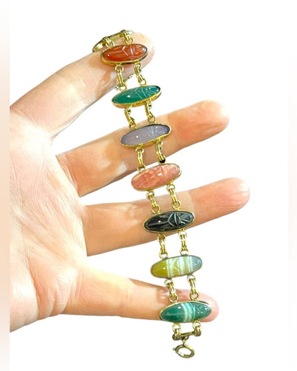 Vintage 12k Gold filled Carved large stone scarab bracelet