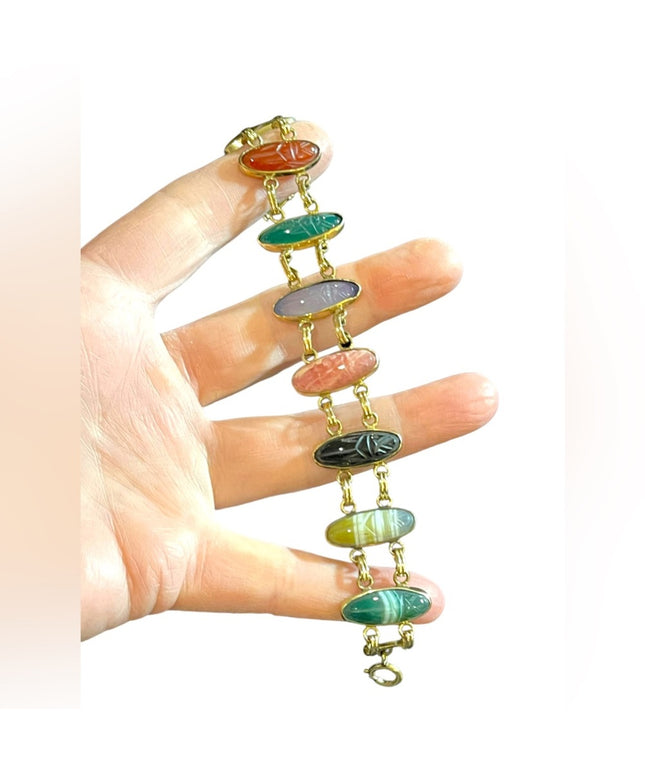 Vintage 12k Gold filled Carved large stone scarab bracelet
