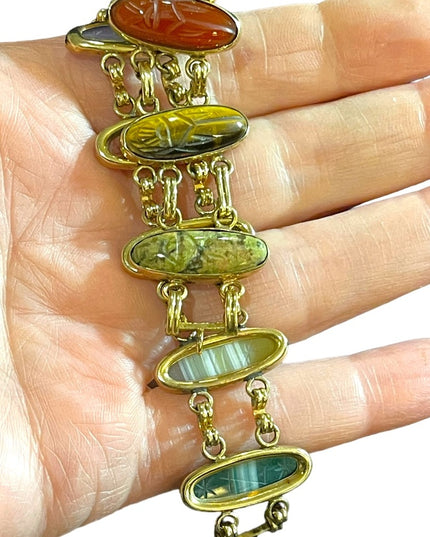 Vintage 12k Gold filled Carved large stone scarab bracelet