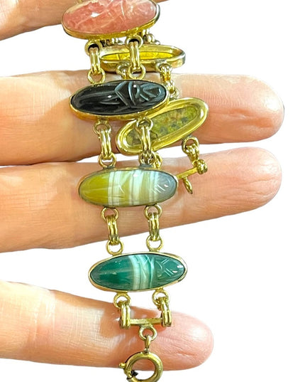 Vintage 12k Gold filled Carved large stone scarab bracelet
