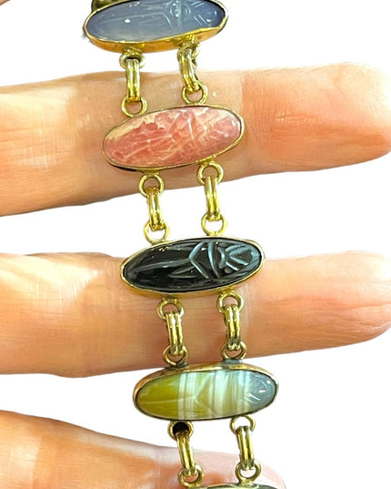 Vintage 12k Gold filled Carved large stone scarab bracelet