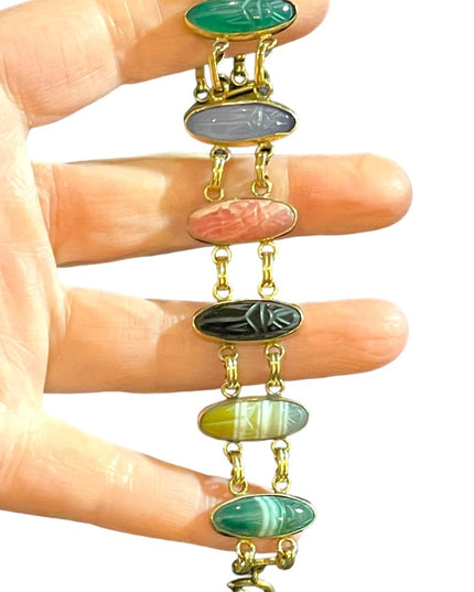 Vintage 12k Gold filled Carved large stone scarab bracelet