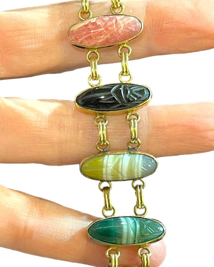 Vintage 12k Gold filled Carved large stone scarab bracelet