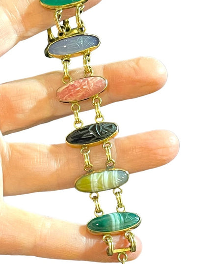 Vintage 12k Gold filled Carved large stone scarab bracelet