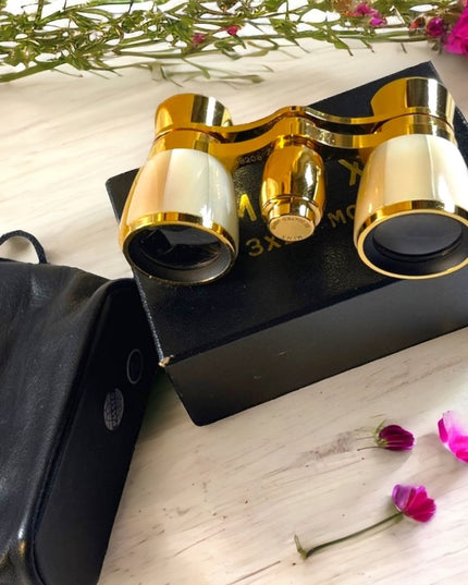 Vintage high glass gold finish Mother of pearl Opera glasses with box & case