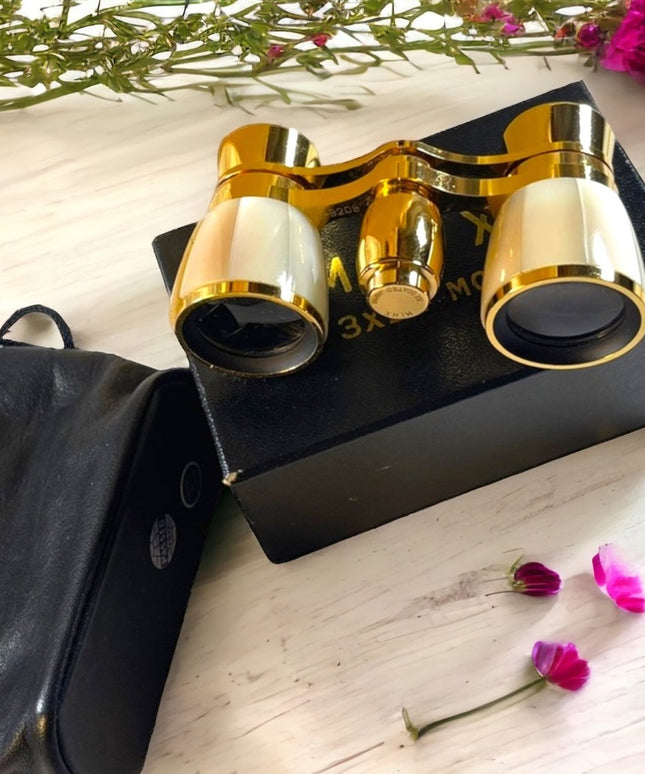 Vintage high glass gold finish Mother of pearl Opera glasses with box & case