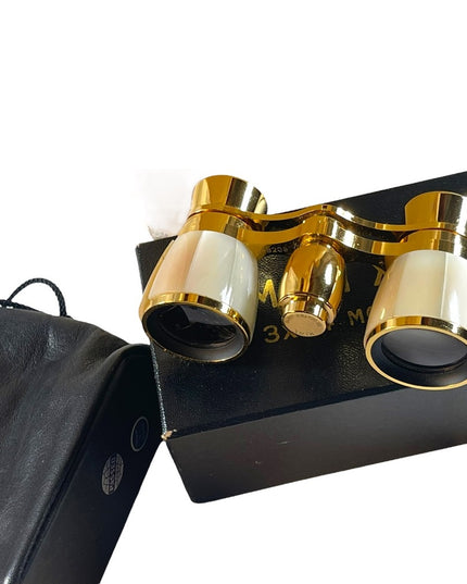 Vintage high glass gold finish Mother of pearl Opera glasses with box & case