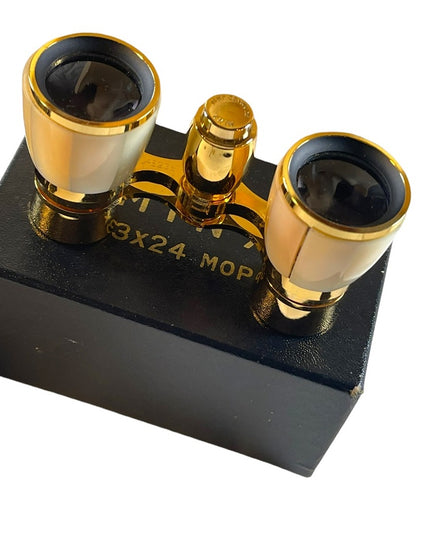 Vintage high glass gold finish Mother of pearl Opera glasses with box & case