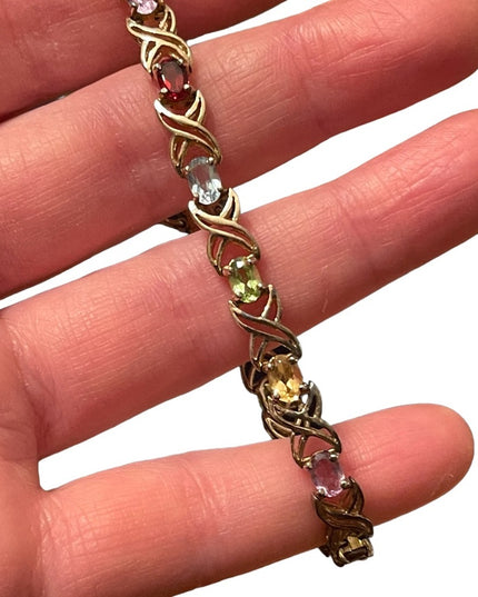 Sterling silver 925 gold plt Simulated multi gemstone link tennis bracelet