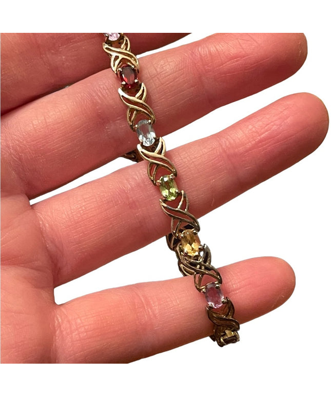 Sterling silver 925 gold plt Simulated multi gemstone link tennis bracelet