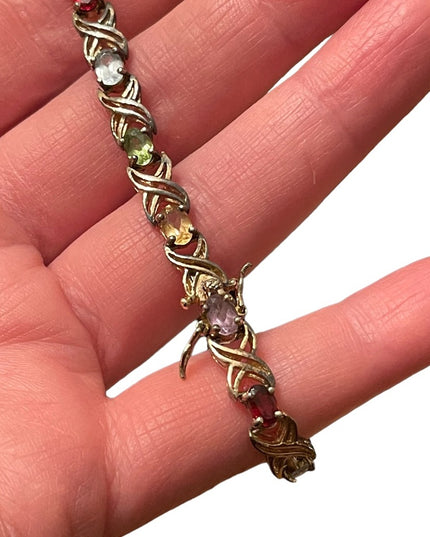 Sterling silver 925 gold plt Simulated multi gemstone link tennis bracelet