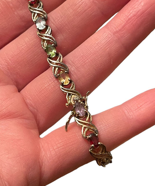 Sterling silver 925 gold plt Simulated multi gemstone link tennis bracelet