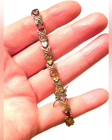 Sterling silver 925 gold plt Simulated multi gemstone link tennis bracelet