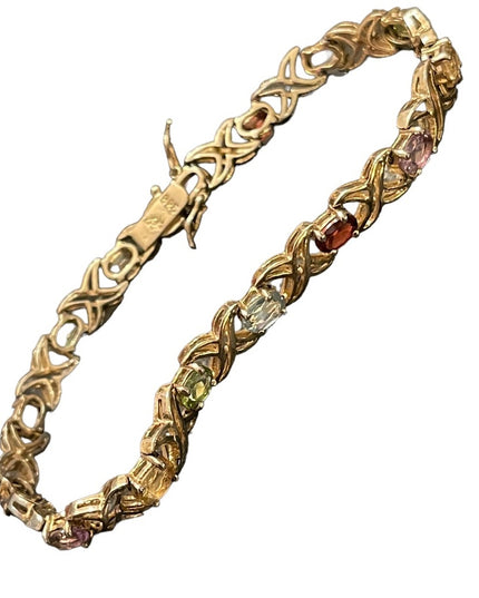 Sterling silver 925 gold plt Simulated multi gemstone link tennis bracelet