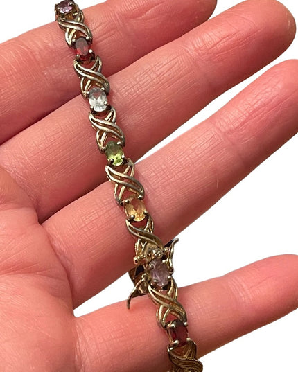Sterling silver 925 gold plt Simulated multi gemstone link tennis bracelet