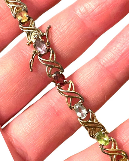 Sterling silver 925 gold plt Simulated multi gemstone link tennis bracelet