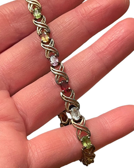 Sterling silver 925 gold plt Simulated multi gemstone link tennis bracelet