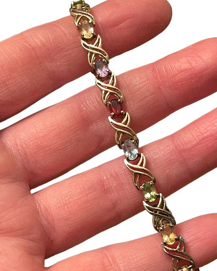 Sterling silver 925 gold plt Simulated multi gemstone link tennis bracelet