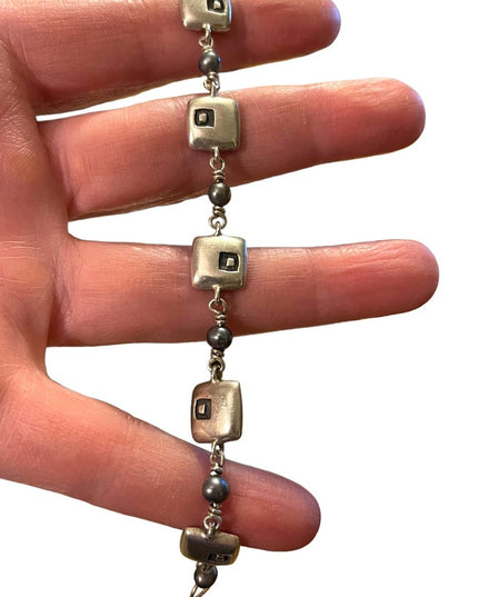 Sterling silver ornate artisan squares with pearl link bracelet 925