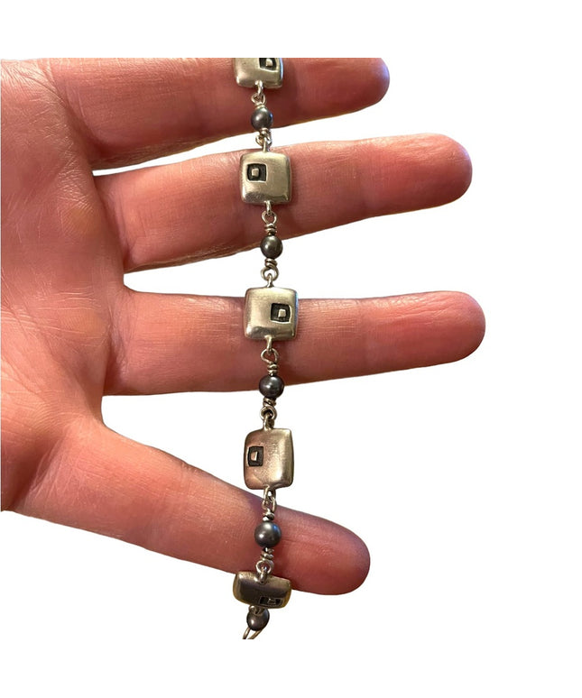 Sterling silver ornate artisan squares with pearl link bracelet 925