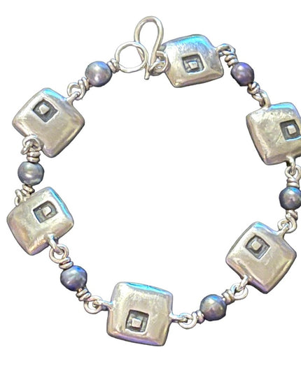 Sterling silver ornate artisan squares with pearl link bracelet 925