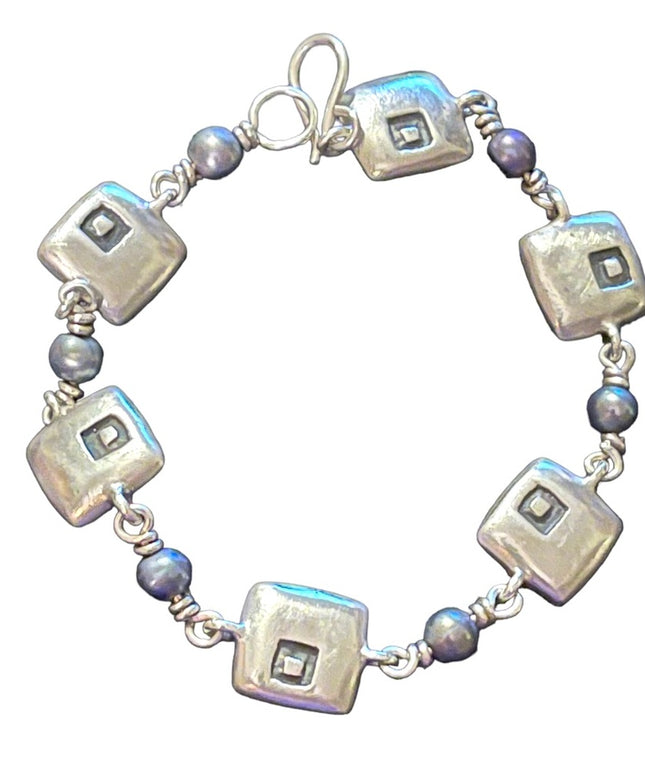 Sterling silver ornate artisan squares with pearl link bracelet 925