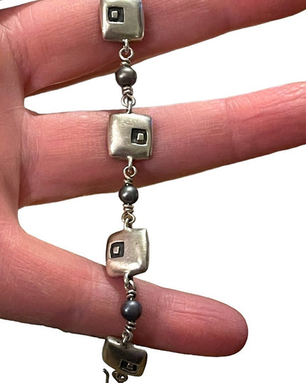 Sterling silver ornate artisan squares with pearl link bracelet 925