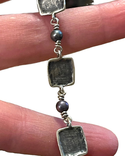 Sterling silver ornate artisan squares with pearl link bracelet 925
