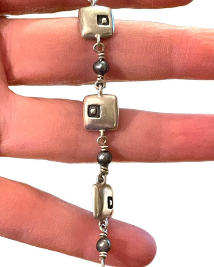 Sterling silver ornate artisan squares with pearl link bracelet 925