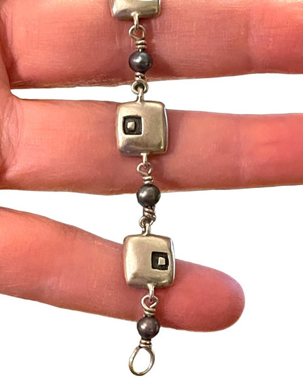 Sterling silver ornate artisan squares with pearl link bracelet 925
