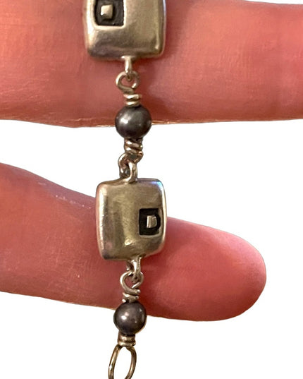 Sterling silver ornate artisan squares with pearl link bracelet 925