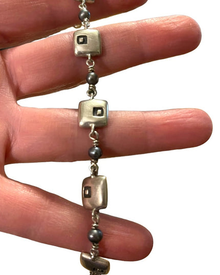 Sterling silver ornate artisan squares with pearl link bracelet 925